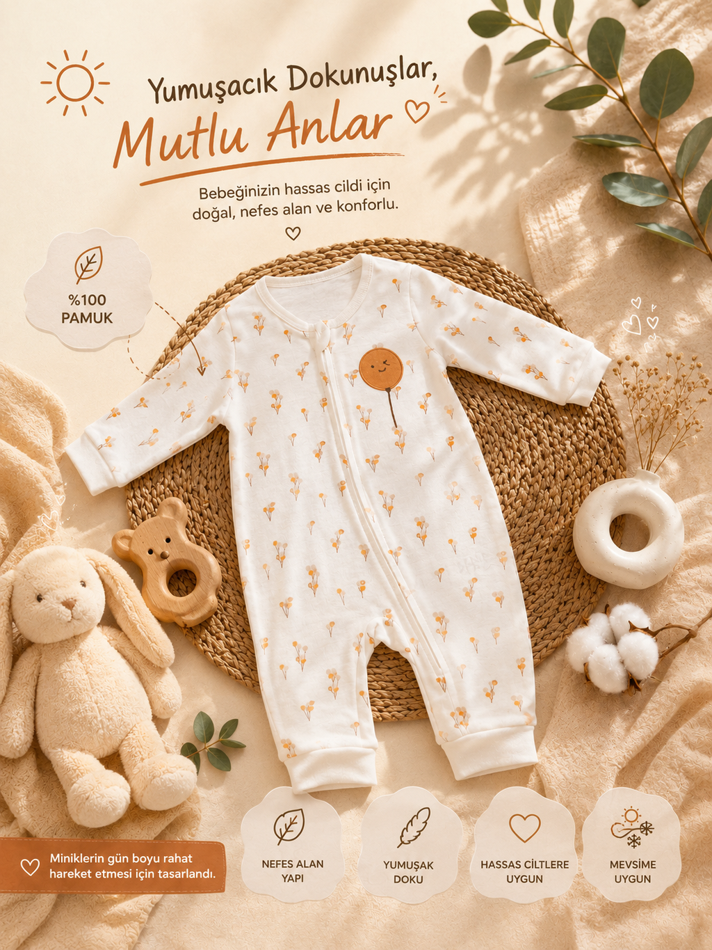 ☁️Ballon Bear Organik Bebek Tulumu