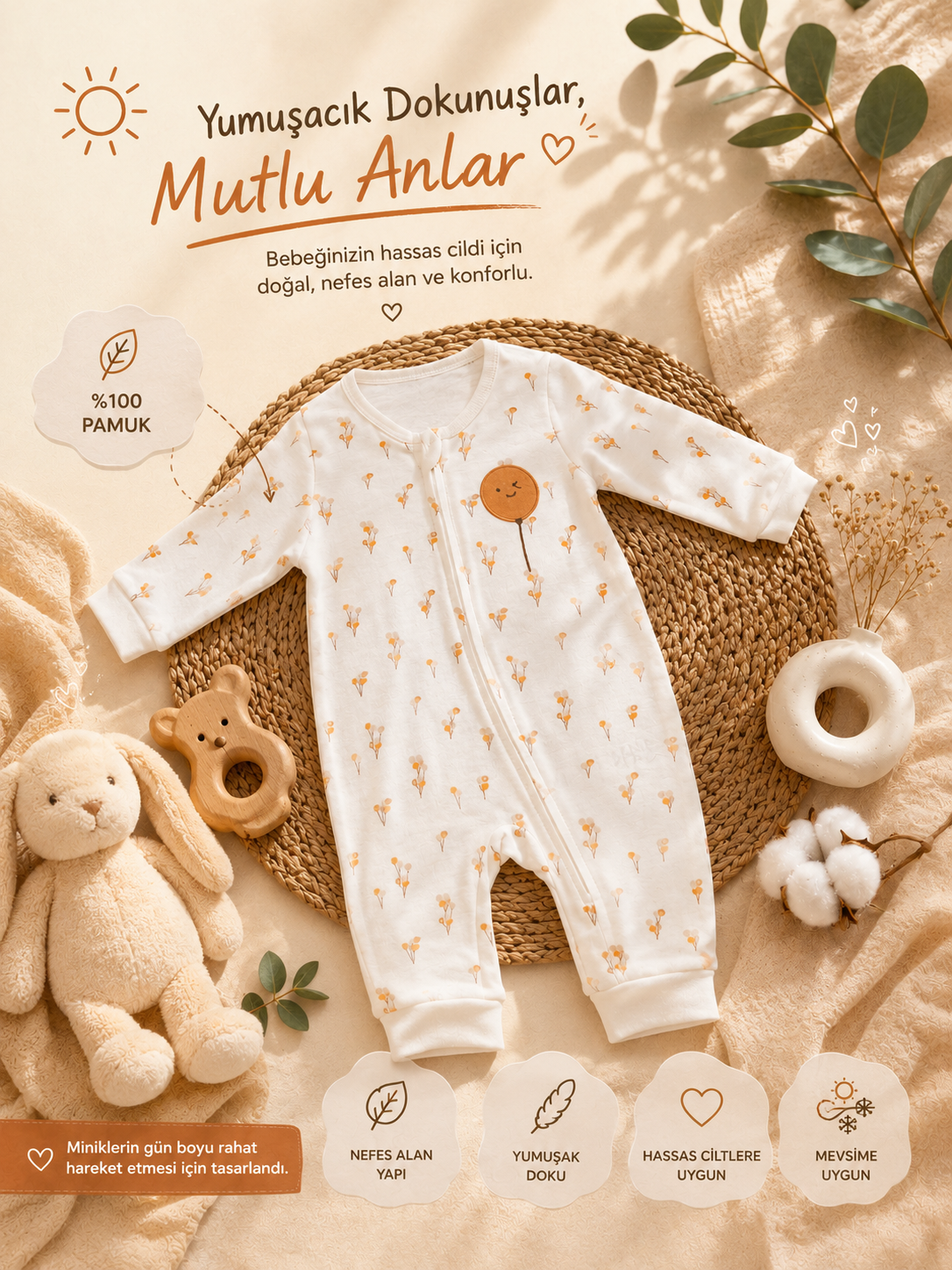 ☁️Ballon Bear Organik Bebek Tulumu