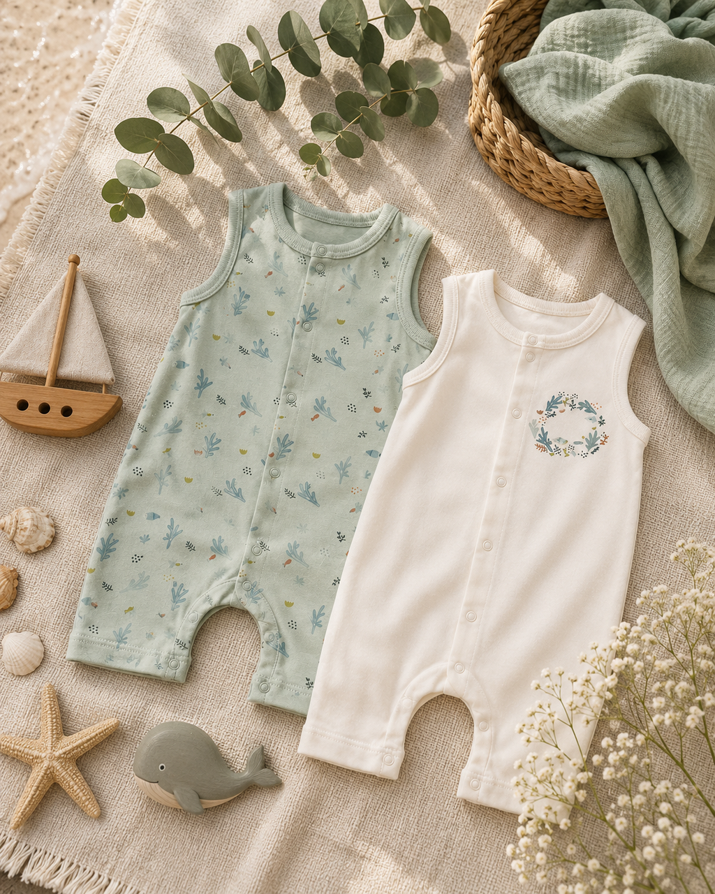 🌊 Ocean Breeze Organik Askılı Bebek Tulum Seti