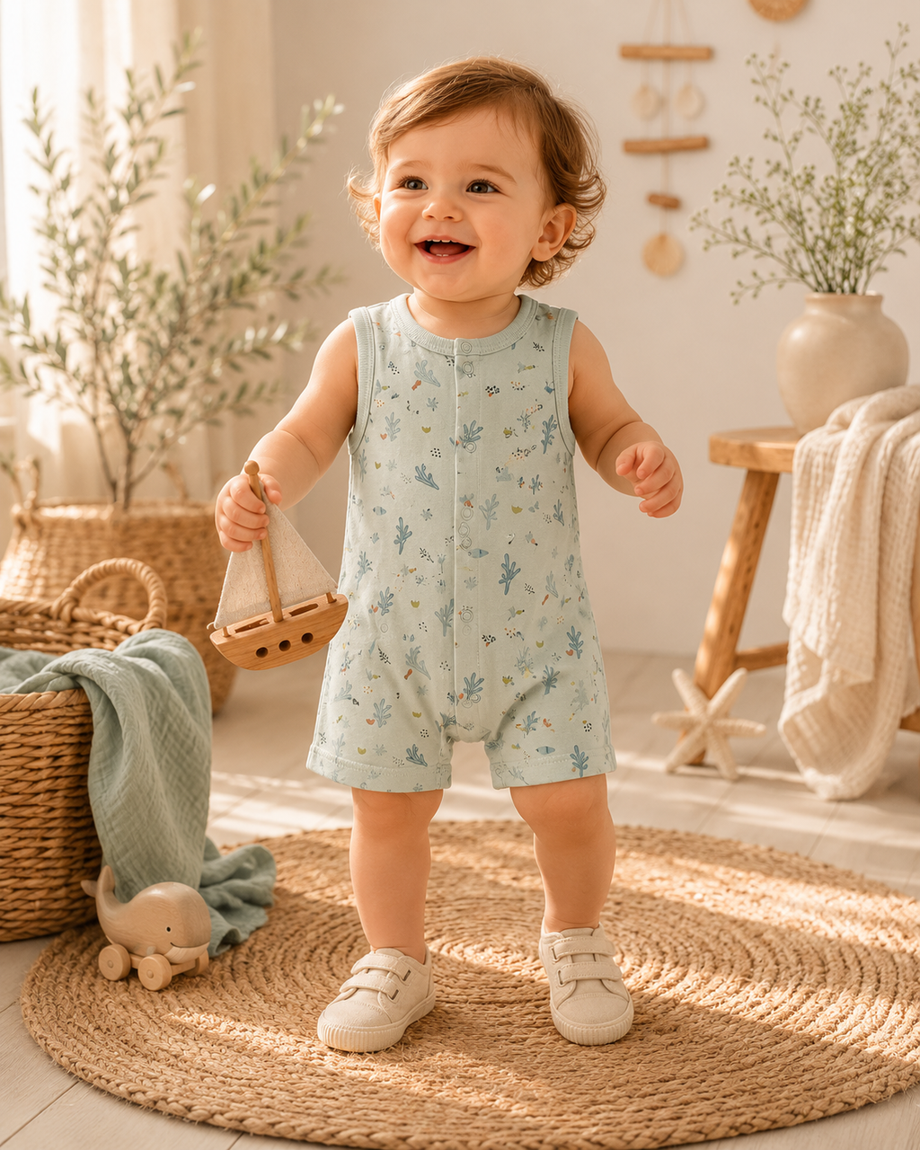 🌊 Ocean Breeze Organik Askılı Bebek Tulum Seti