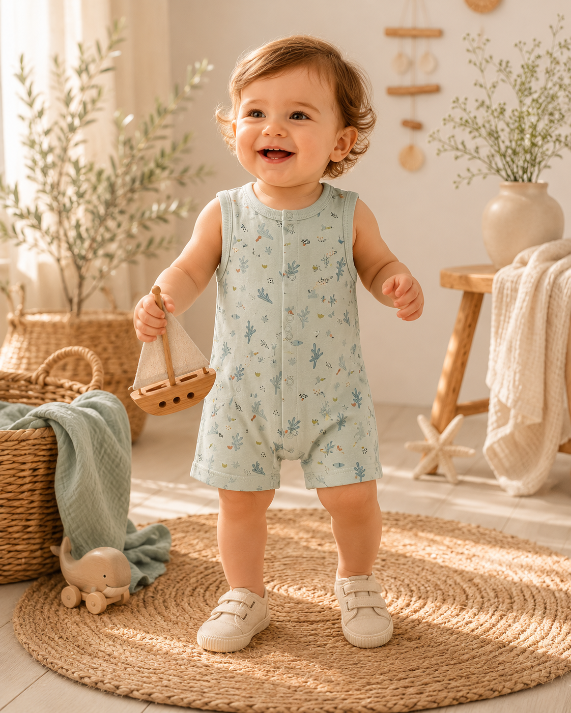 🌊 Ocean Breeze Organik Askılı Bebek Tulum Seti