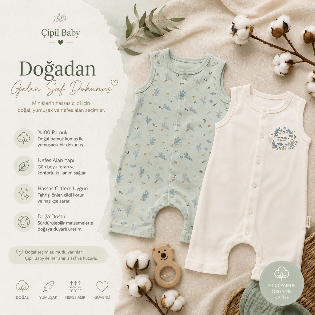 🌊 Ocean Breeze Organik Askılı Bebek Tulum Seti