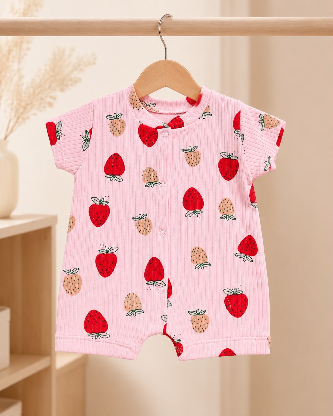 Çilek Desenli Kısa Kollu Çıtçıtlı Bebek Tulum – Pembe