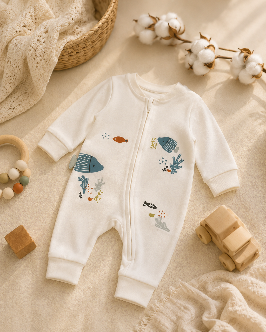 Okyanus Desenli Fermuarlı Bebek Tulum