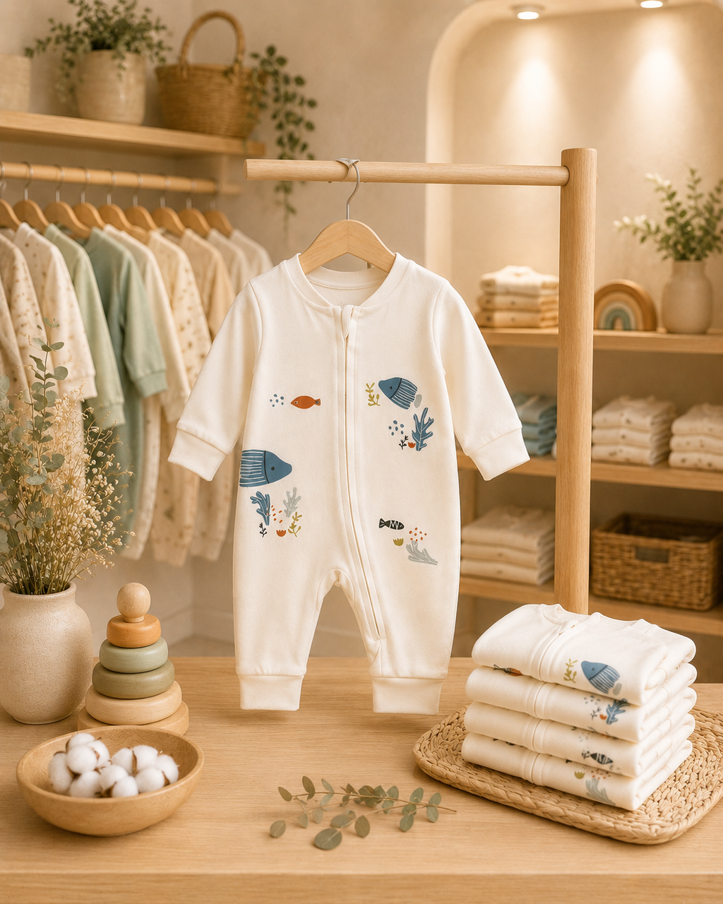 Okyanus Desenli Fermuarlı Bebek Tulum
